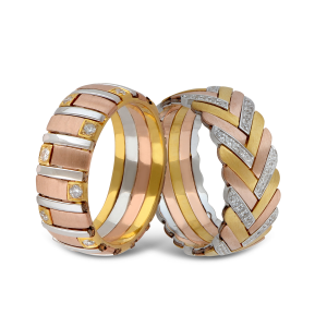 The collection by K.P. Sanghvi reveals a modern edge, showcasing rings in three shades of German alloyed rose, white and yellow gold, fitted with diamonds using the latest machine technology.